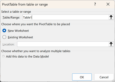 A screenshot of the insert pivot table dialog